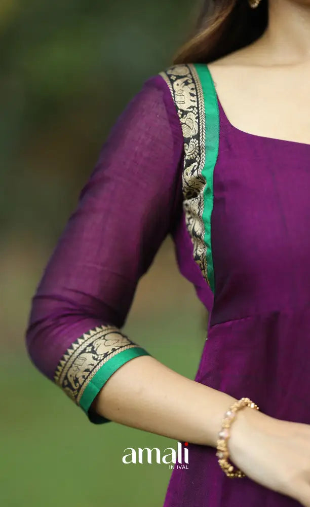 Purple and Green Narayanpet Cotton Anarkali - Anarkalis