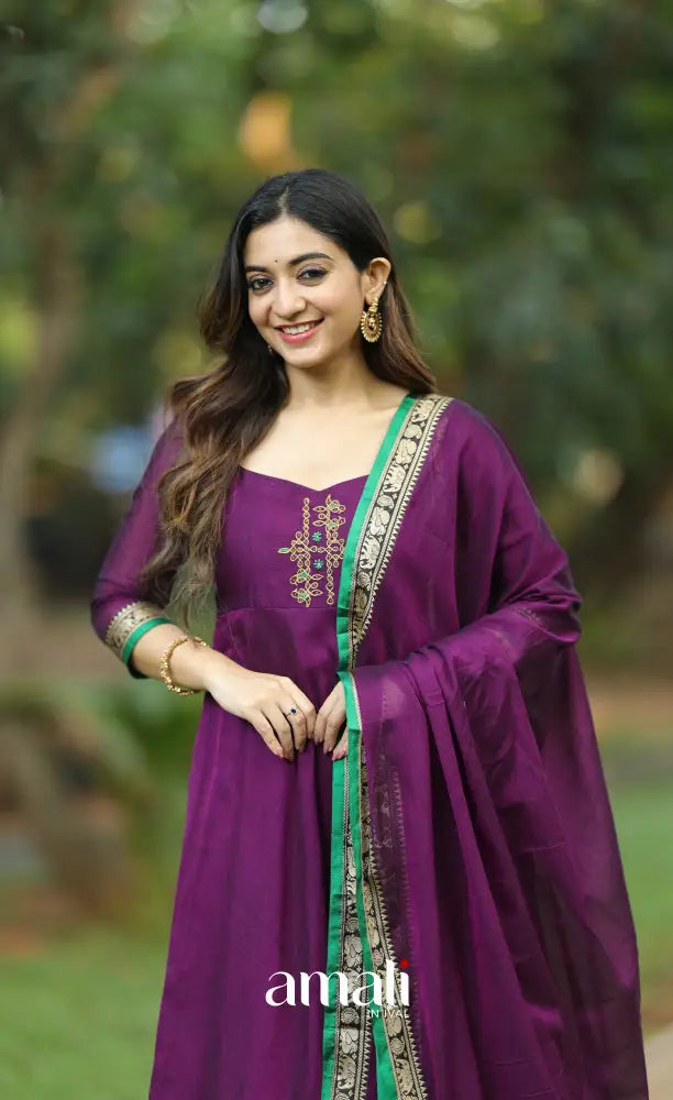 Purple and Green Narayanpet Cotton Anarkali - Anarkalis