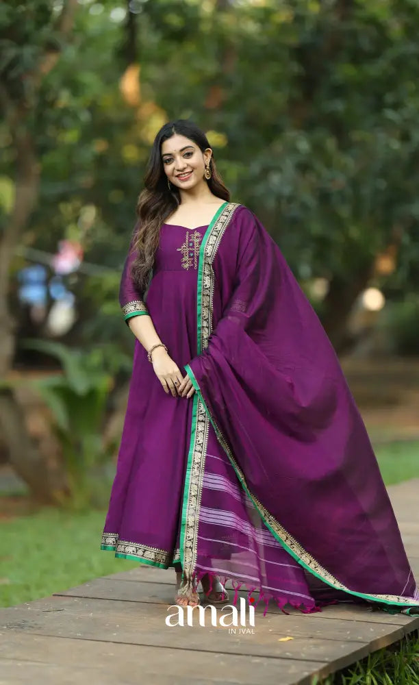 Purple and Green Narayanpet Cotton Anarkali - Anarkalis