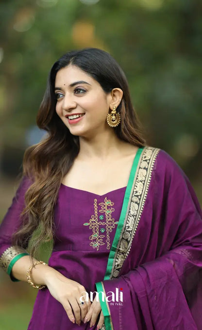 Purple and Green Narayanpet Cotton Anarkali - Anarkalis