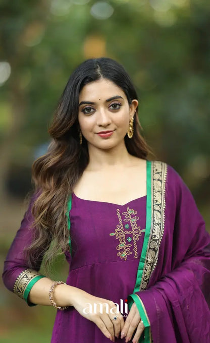 Purple and Green Narayanpet Cotton Anarkali - Anarkalis