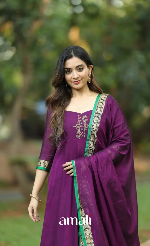 Purple and Green Narayanpet Cotton Anarkali - Anarkalis