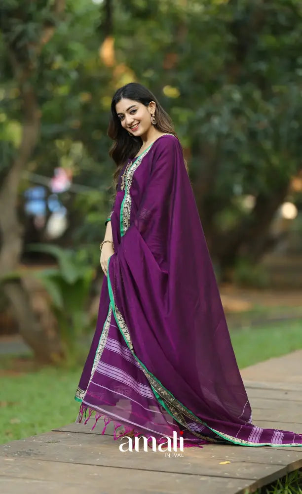 Purple and Green Narayanpet Cotton Anarkali - Anarkalis