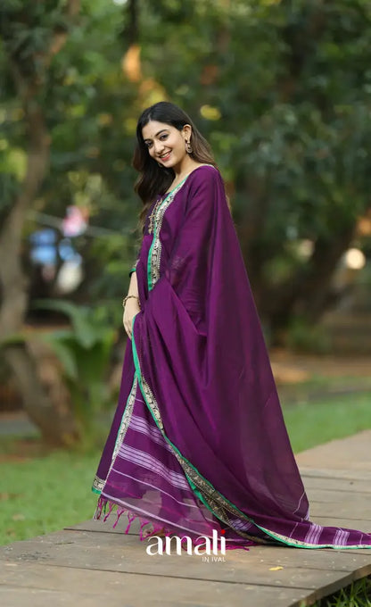 Purple and Green Narayanpet Cotton Anarkali - Anarkalis
