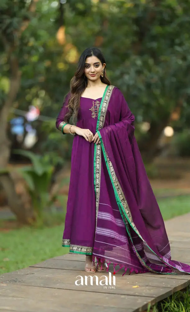 Purple and Green Narayanpet Cotton Anarkali - Anarkalis