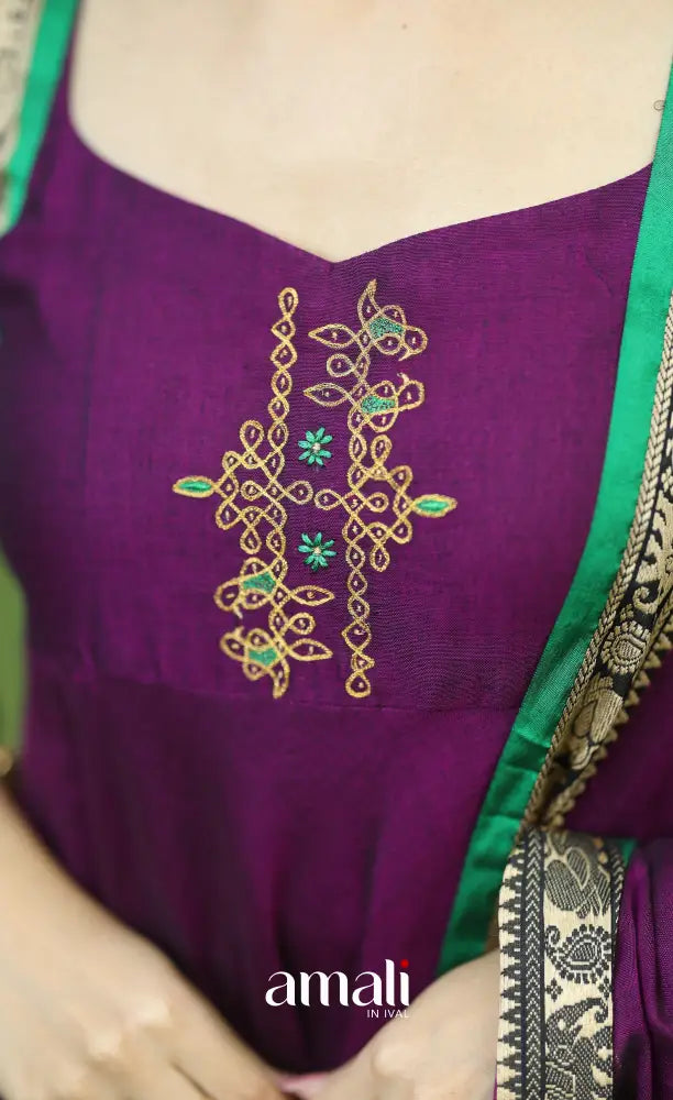 Purple and Green Narayanpet Cotton Anarkali - Anarkalis
