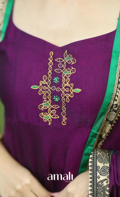 Purple and Green Narayanpet Cotton Anarkali - Anarkalis