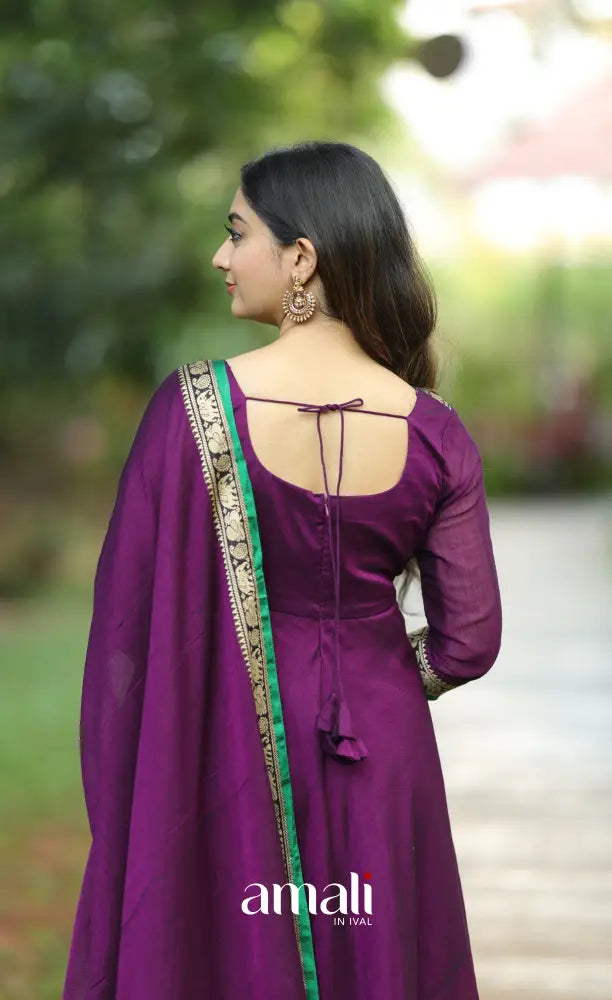 Purple and Green Narayanpet Cotton Anarkali - Anarkalis