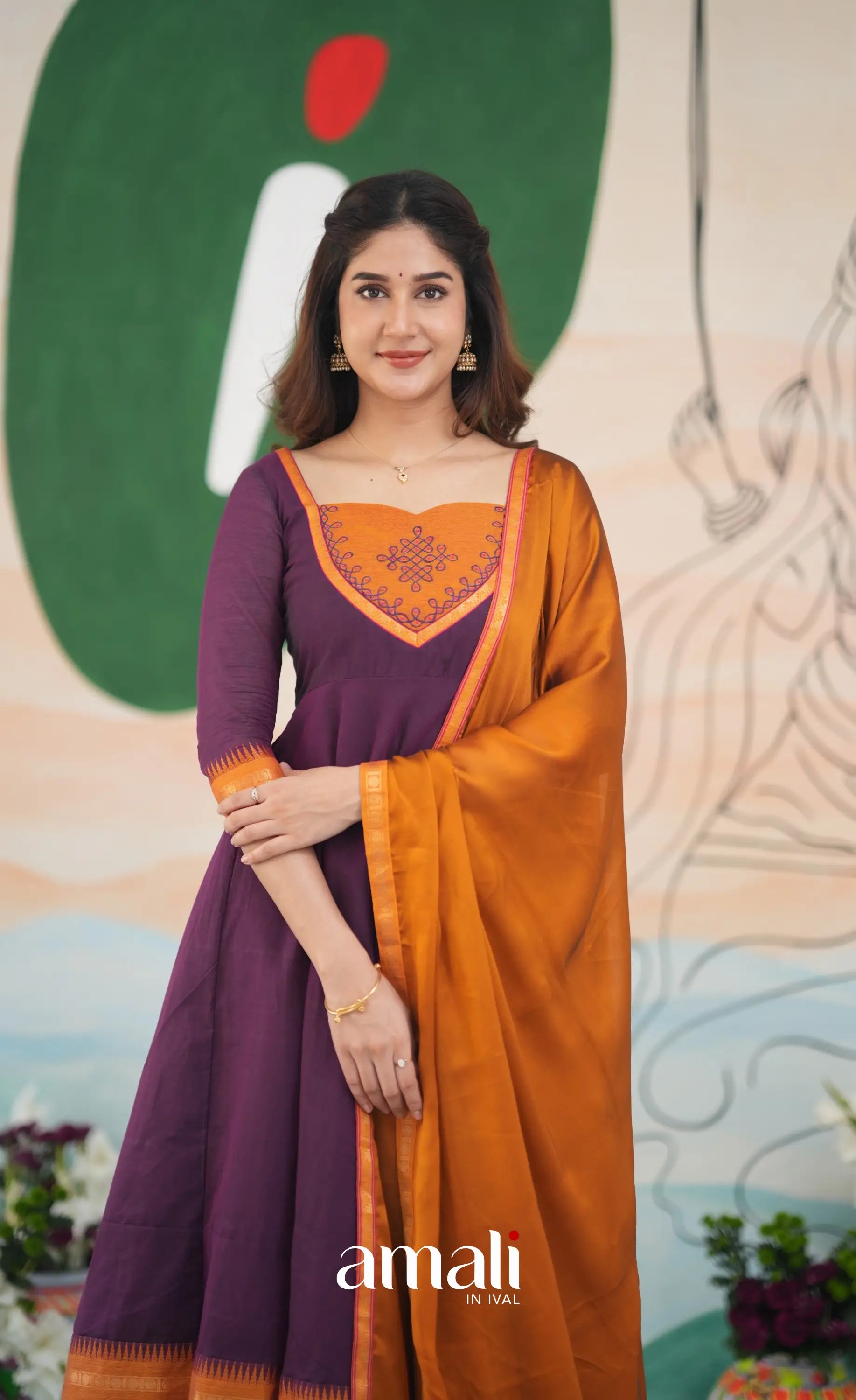 Purple and Mustard Orange Cotton Anarkali Anarkalis