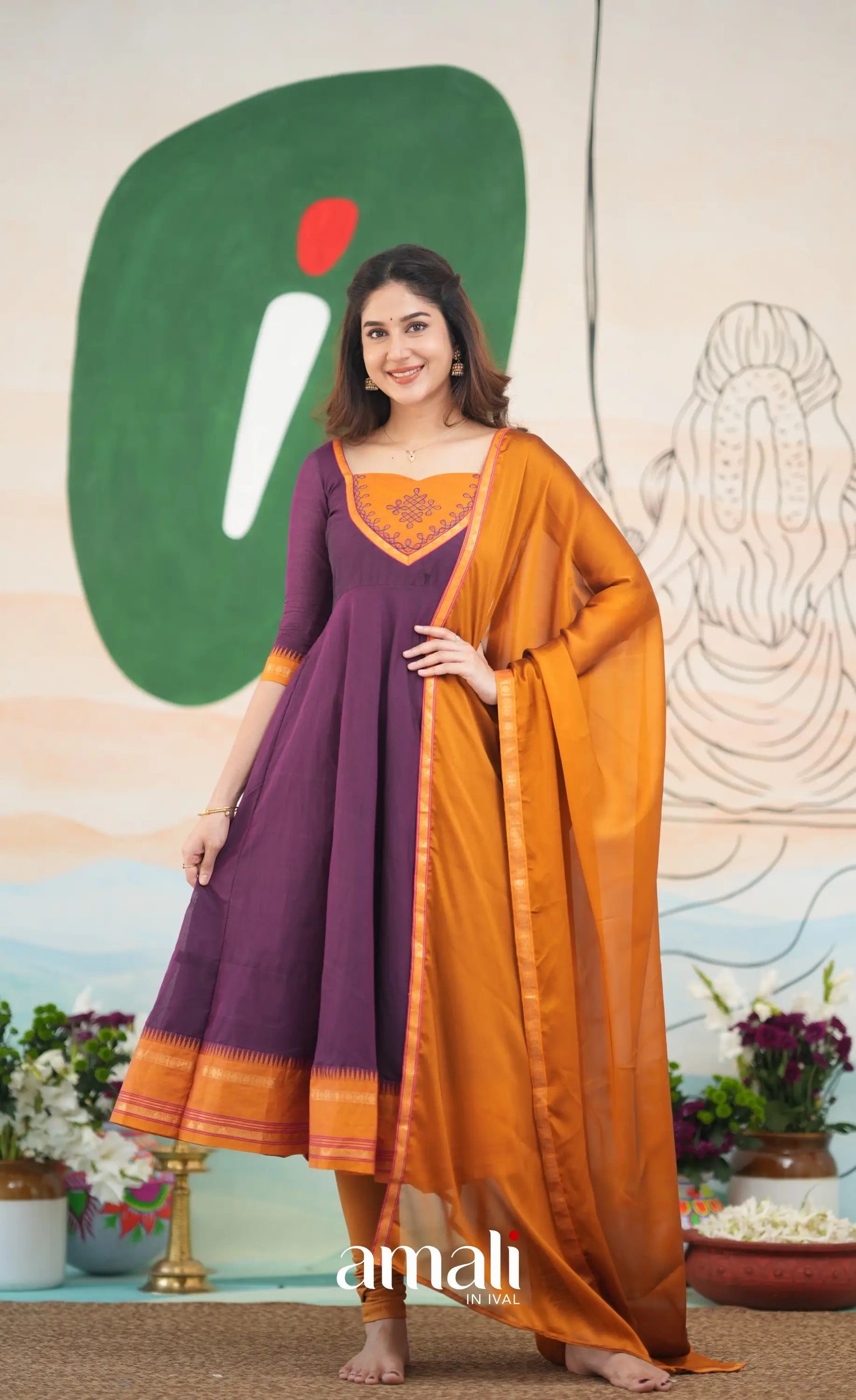 Purple and Mustard Orange Cotton Anarkali Anarkalis