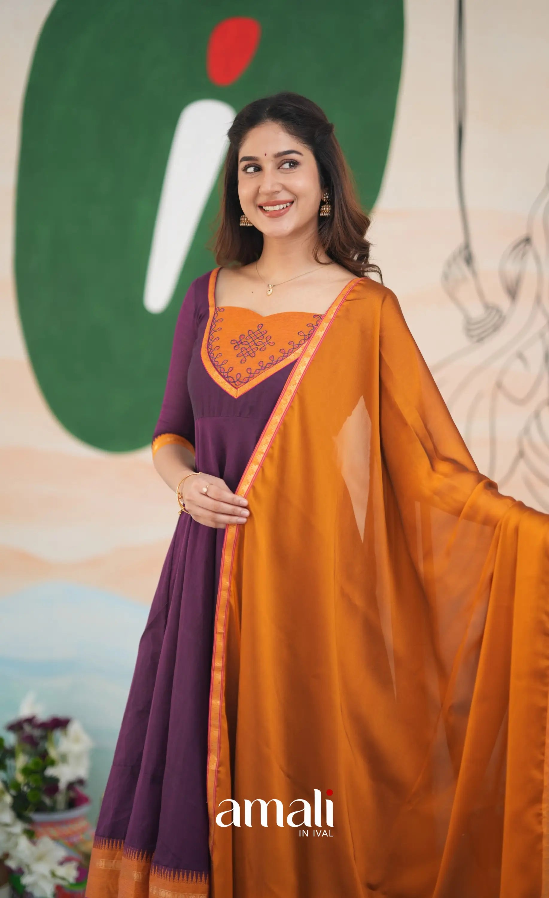 Purple and Mustard Orange Cotton Anarkali Anarkalis