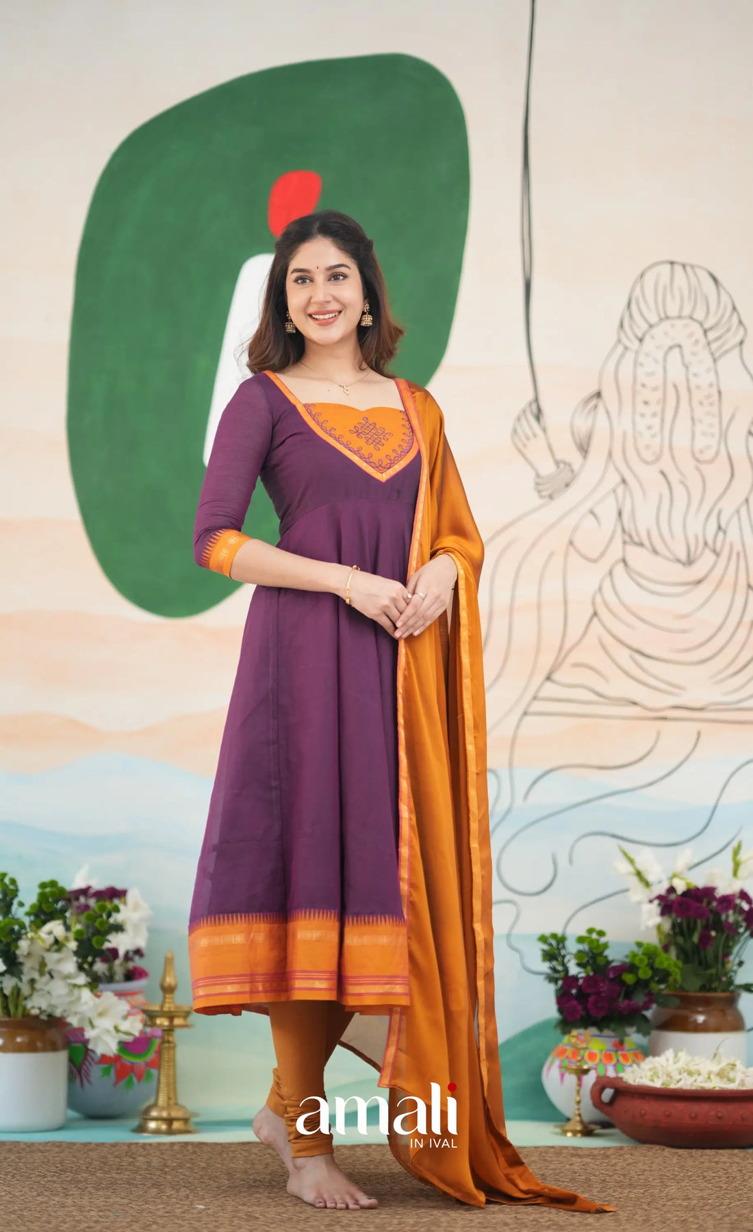 Purple and Mustard Orange Cotton Anarkali Anarkalis