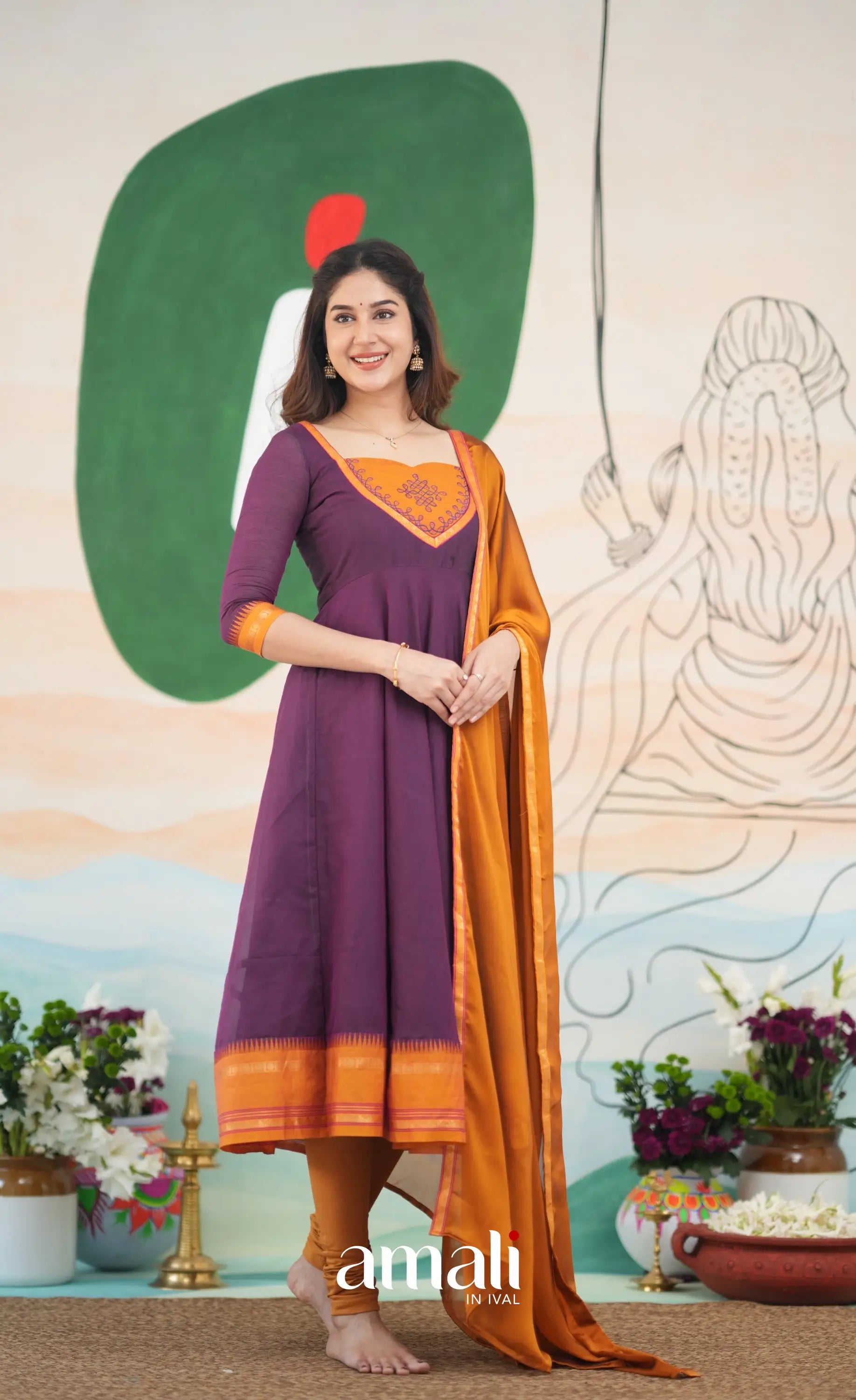 Purple and Mustard Orange Cotton Anarkali Anarkalis