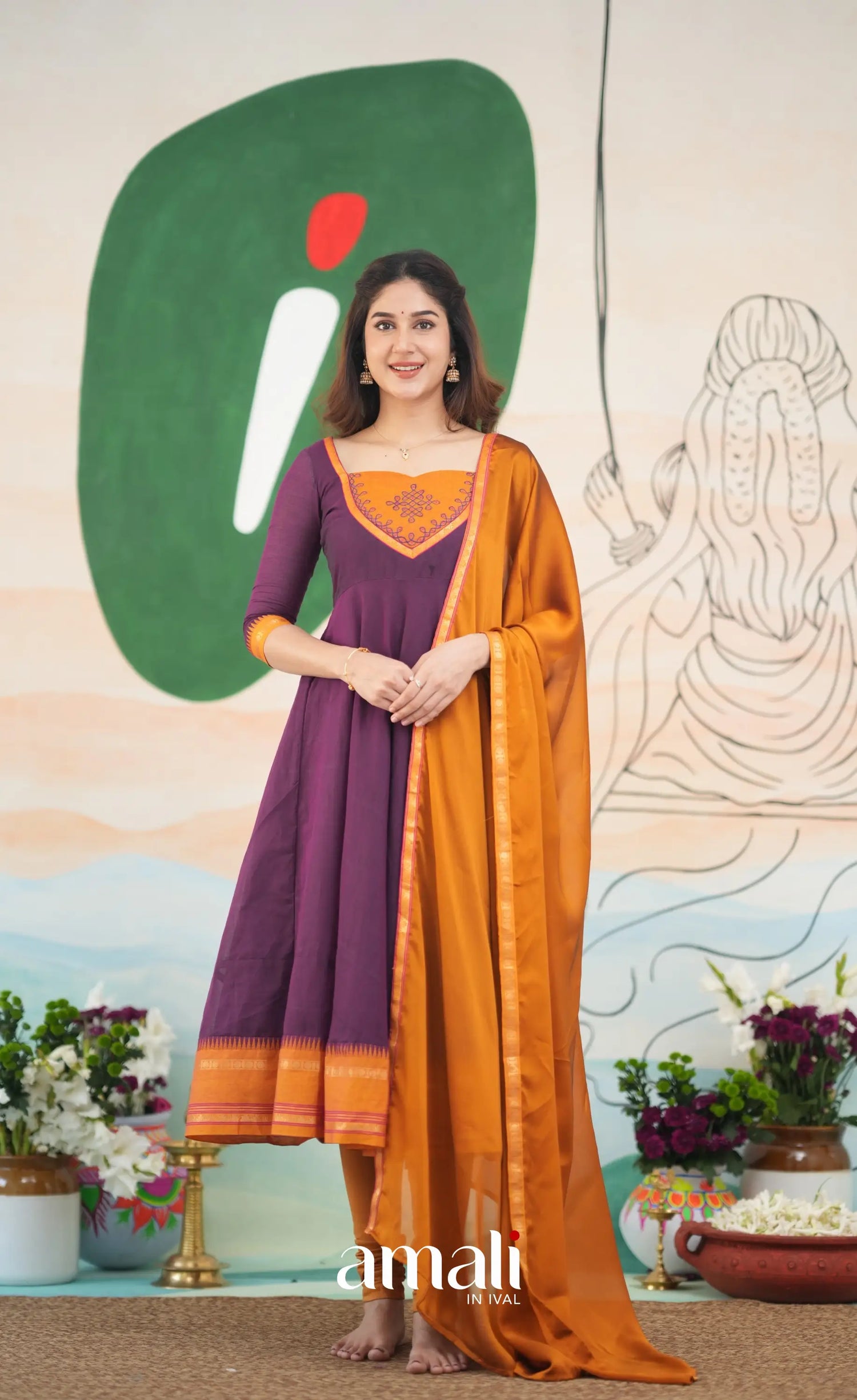 Purple and Mustard Orange Cotton Anarkali Anarkalis