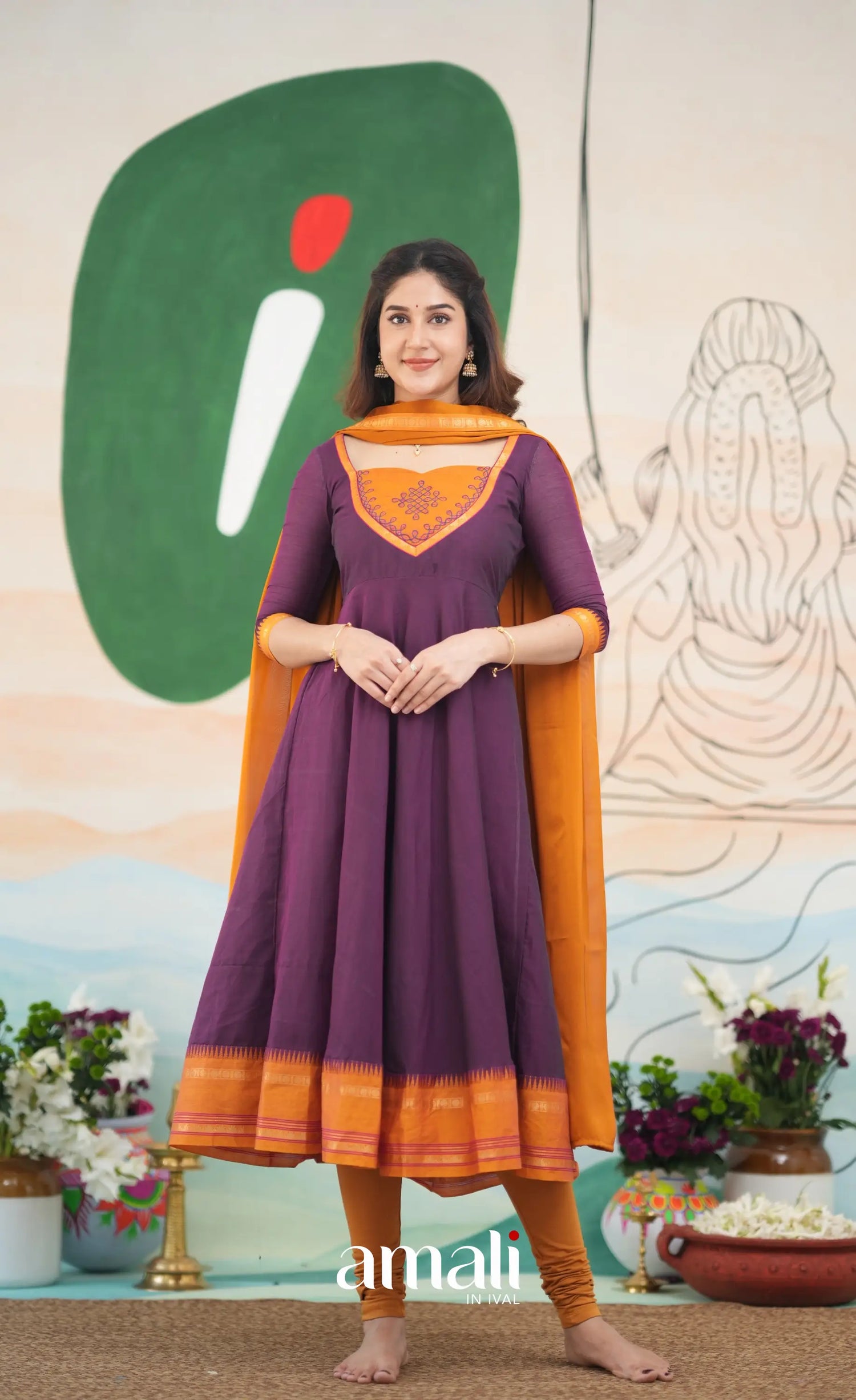 Purple and Mustard Orange Cotton Anarkali Anarkalis