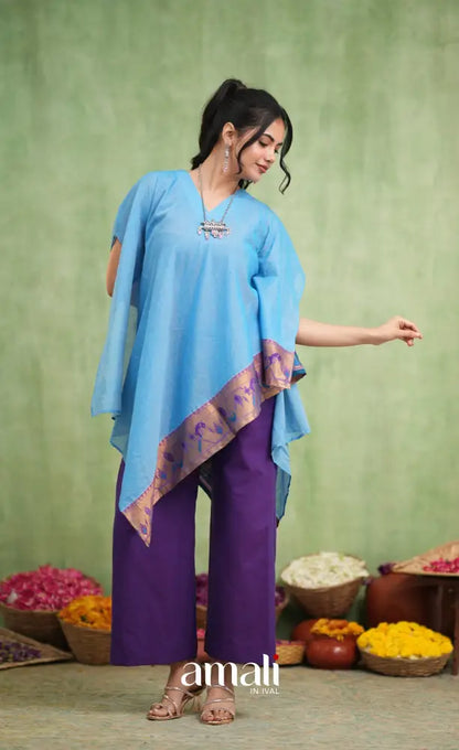 Purple and Sky Blue Kaftaan Set - salwar