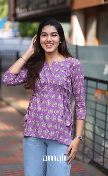 Purple Jaipur Hand Block-Printed Short Top - salwar