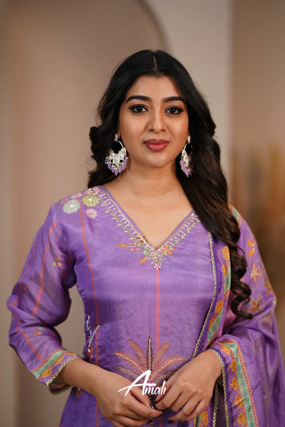 Purple Semi Tissue Salwar Anarkalis