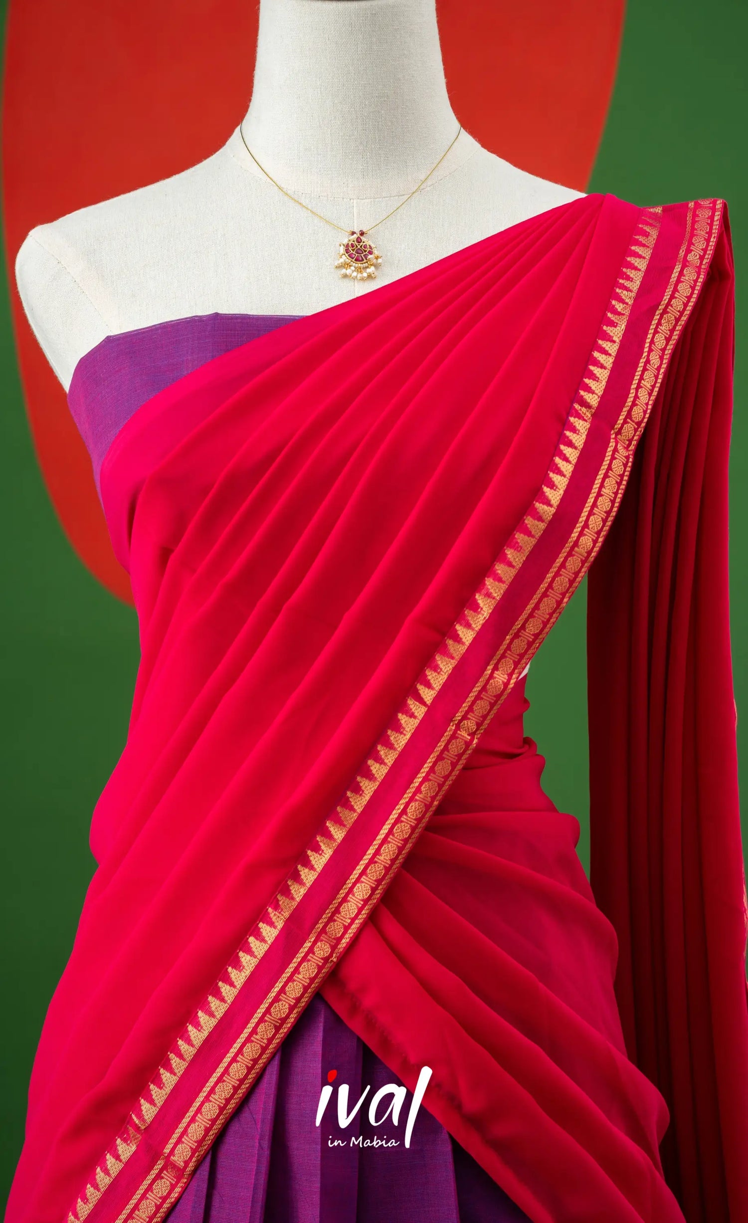 Purple with Bright Pink Semi-Stitched Cotton Halfsaree Half Sarees
