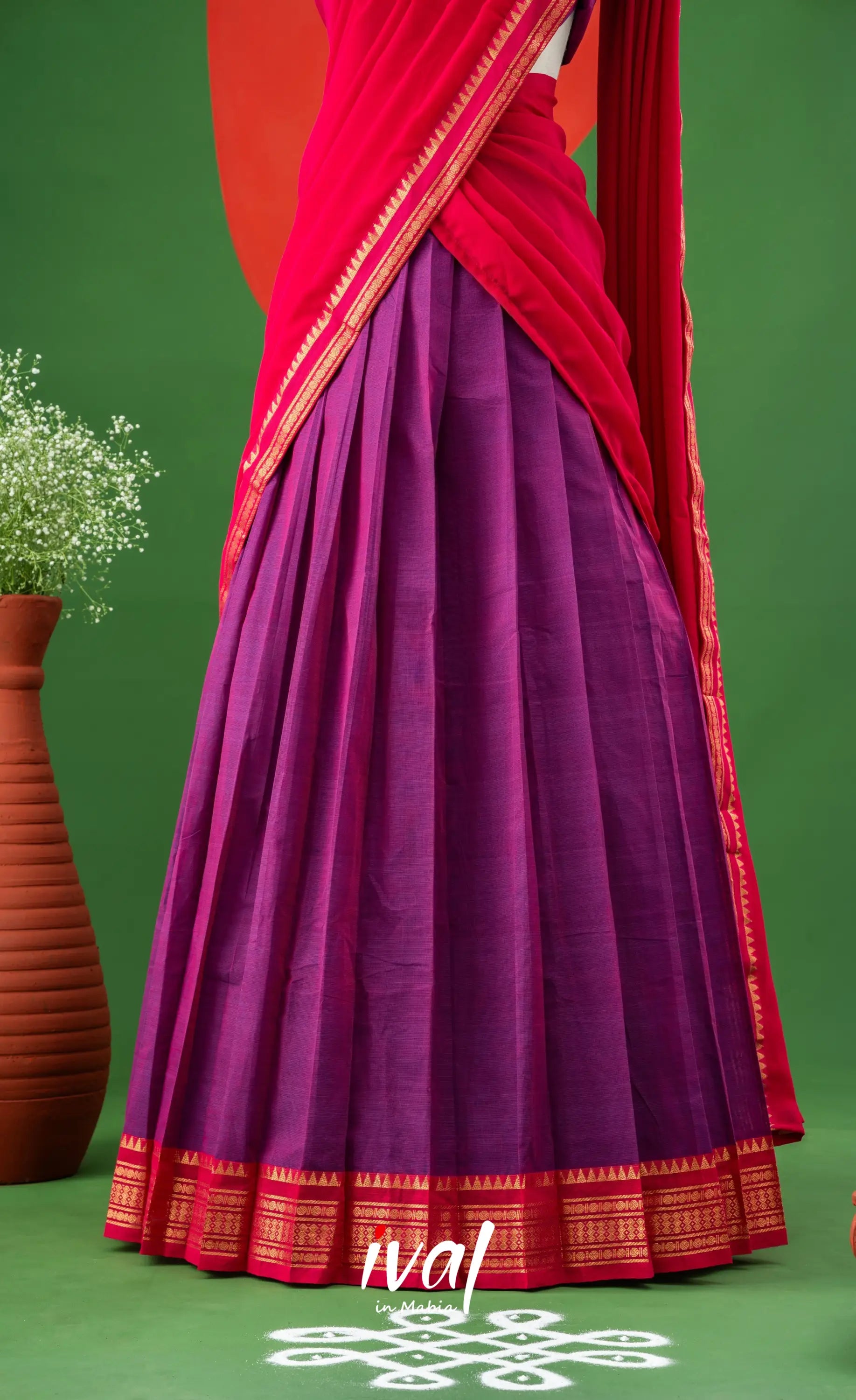 Purple with Bright Pink Semi-Stitched Cotton Halfsaree Half Sarees