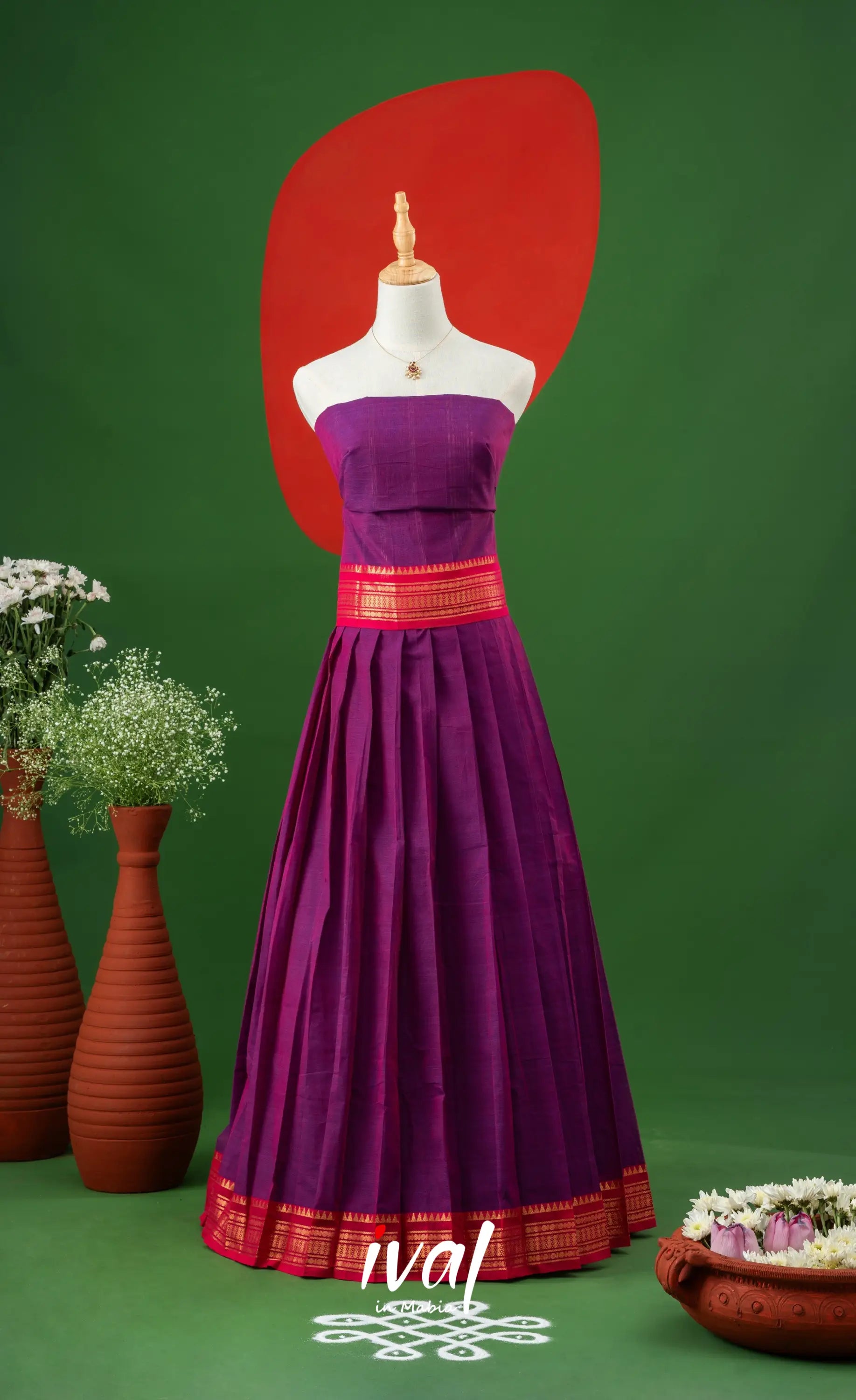 Purple with Bright Pink Semi-Stitched Cotton Halfsaree Half Sarees