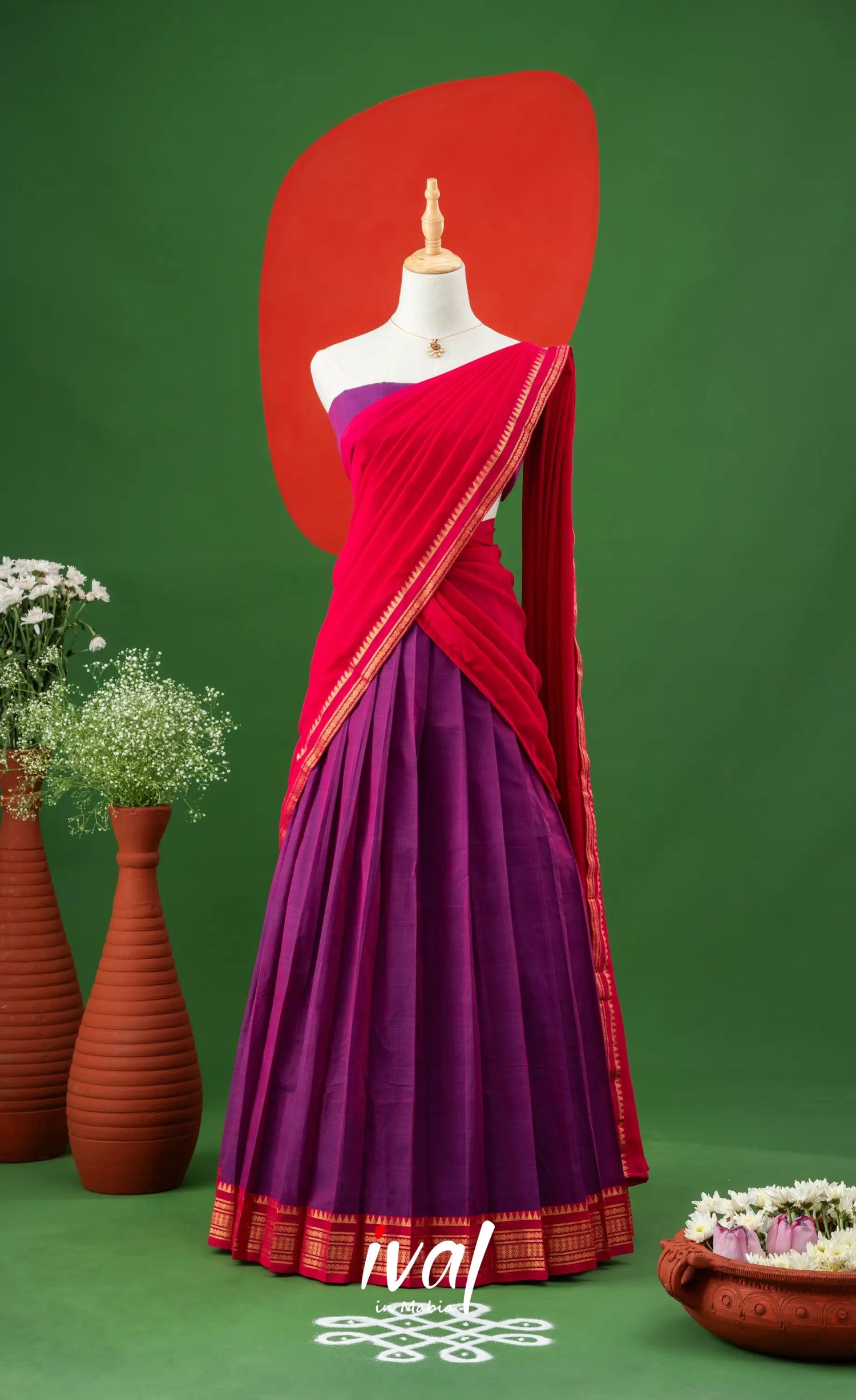 Purple with Bright Pink Semi-Stitched Cotton Halfsaree Half Sarees