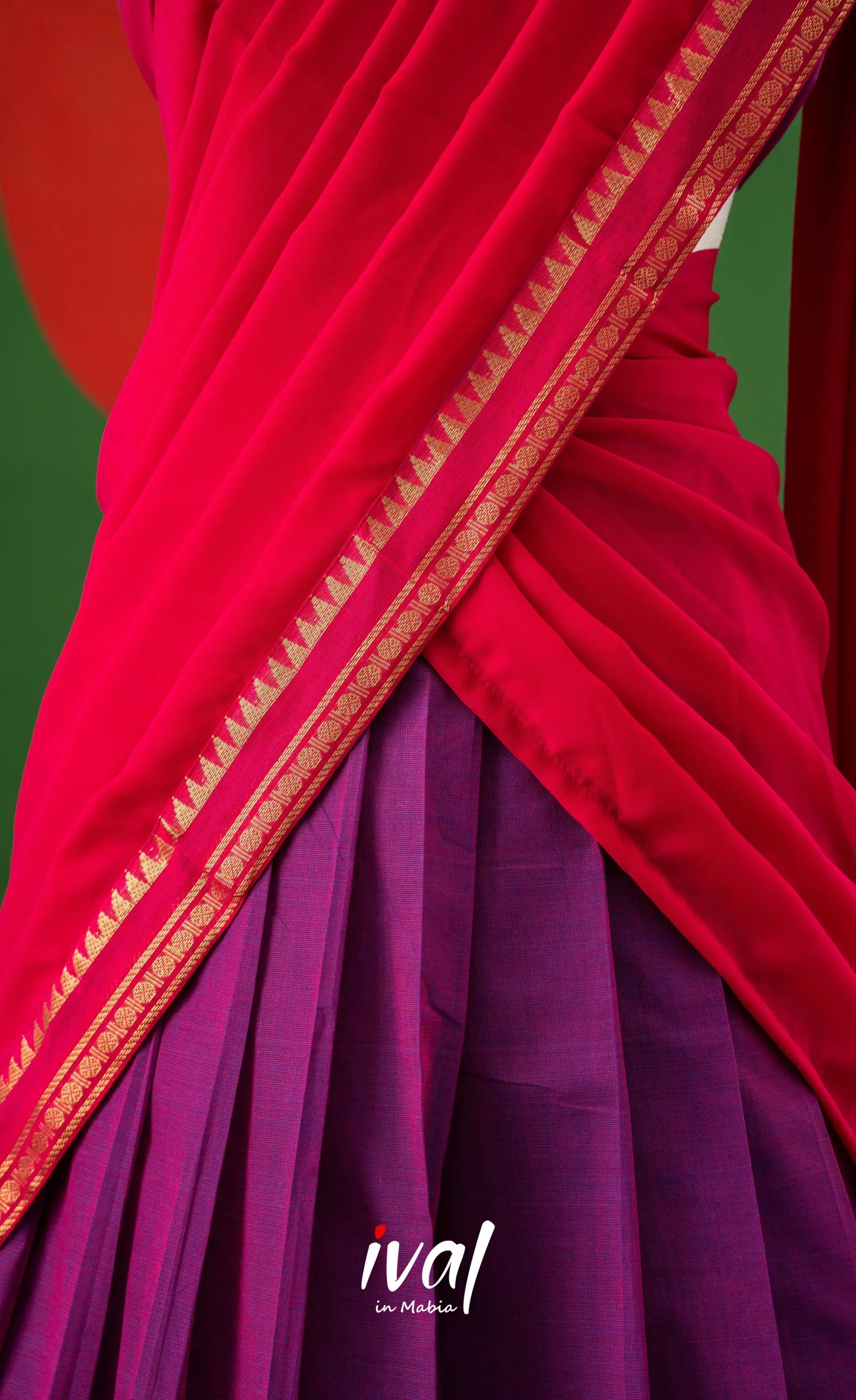 Purple with Bright Pink Semi-Stitched Cotton Halfsaree Half Sarees