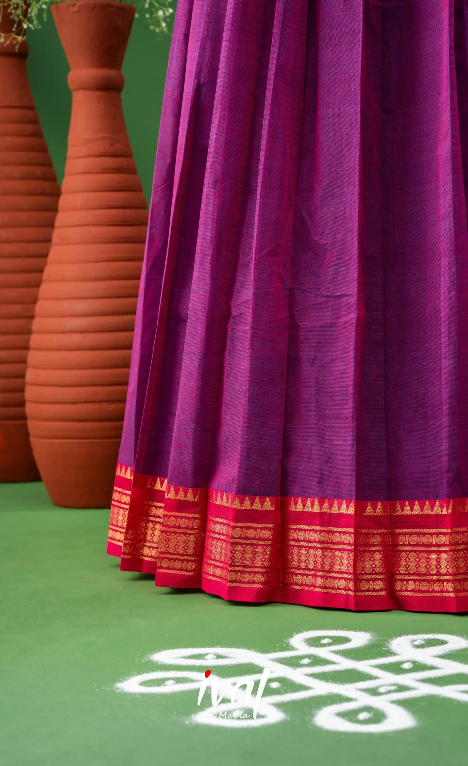 Purple with Bright Pink Semi-Stitched Cotton Halfsaree Half Sarees