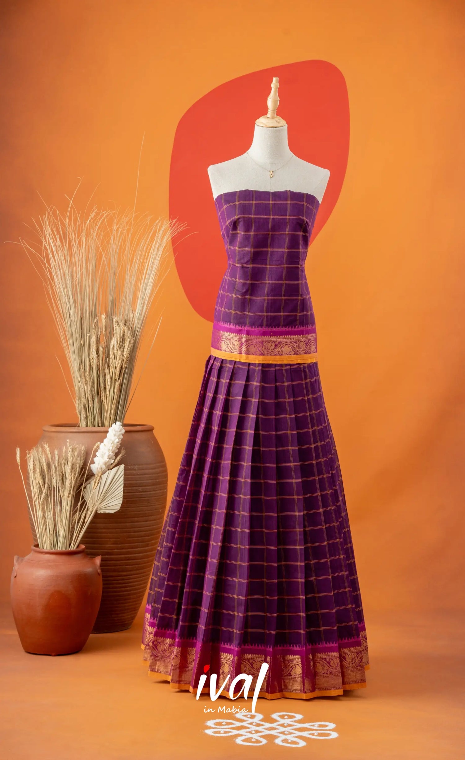 Purple with Mustard Yellow Semi-Stitched Cotton Halfsaree Half Sarees