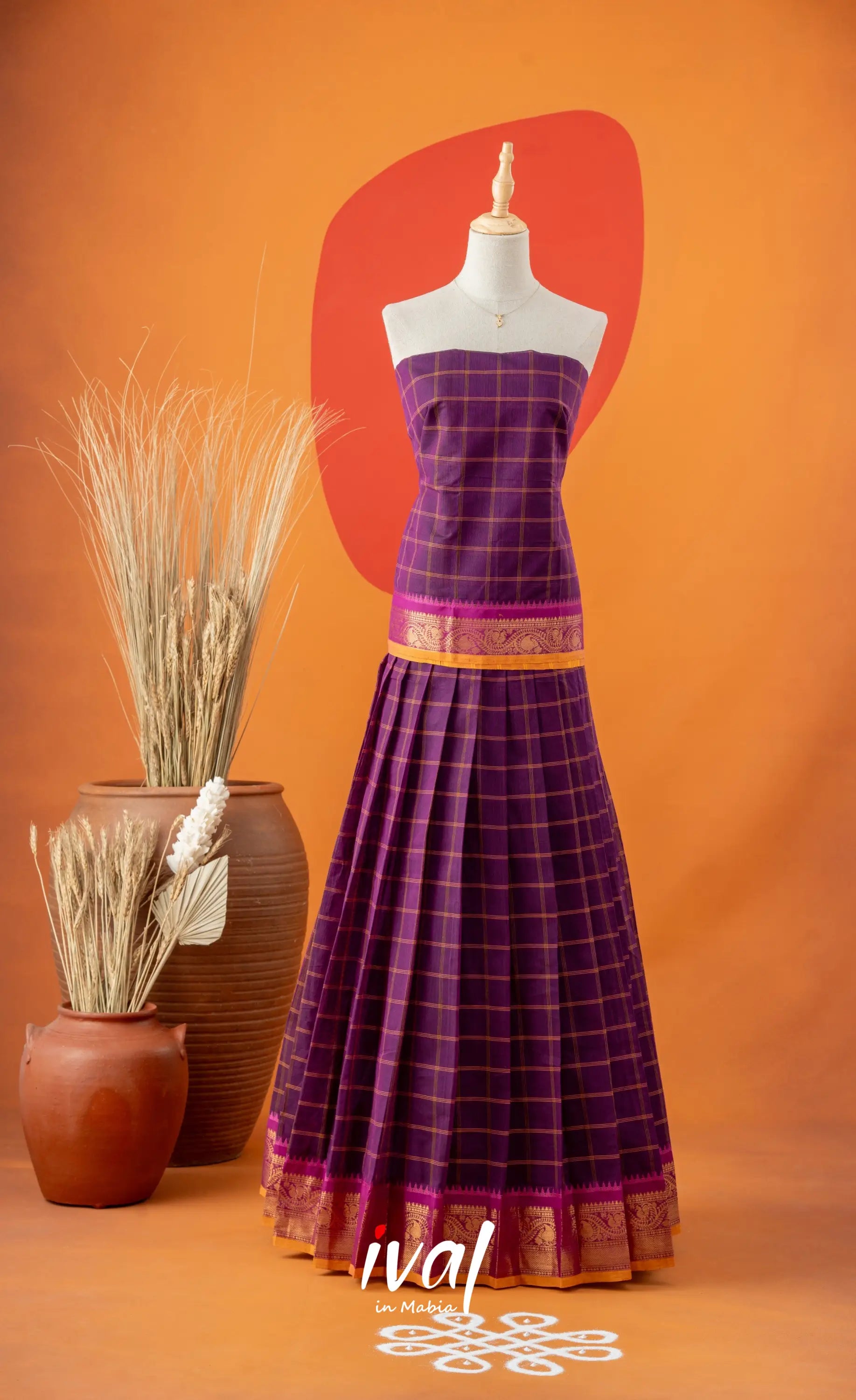 Purple with Mustard Yellow Semi-Stitched Cotton Halfsaree Half Sarees