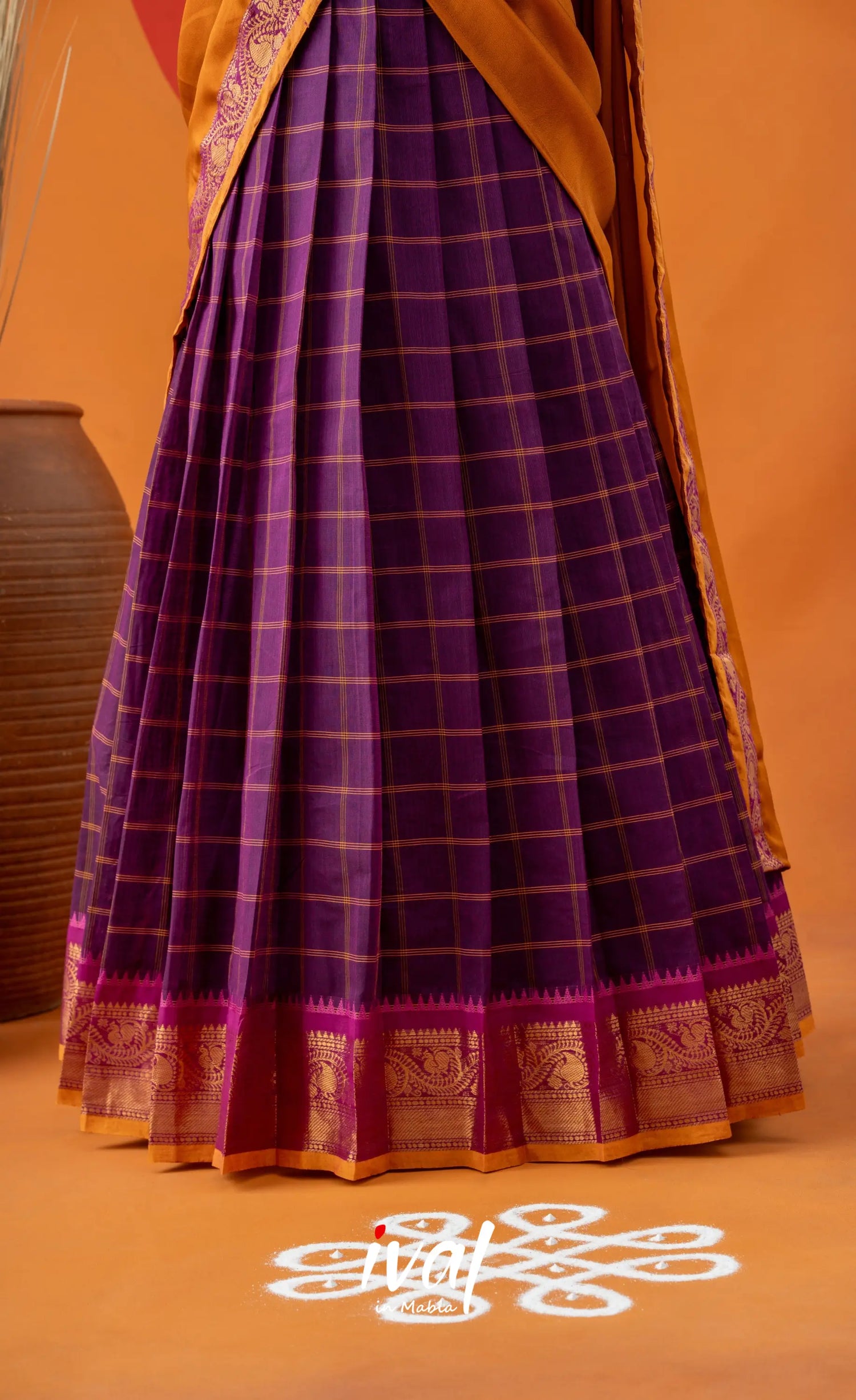 Purple with Mustard Yellow Semi-Stitched Cotton Halfsaree Half Sarees