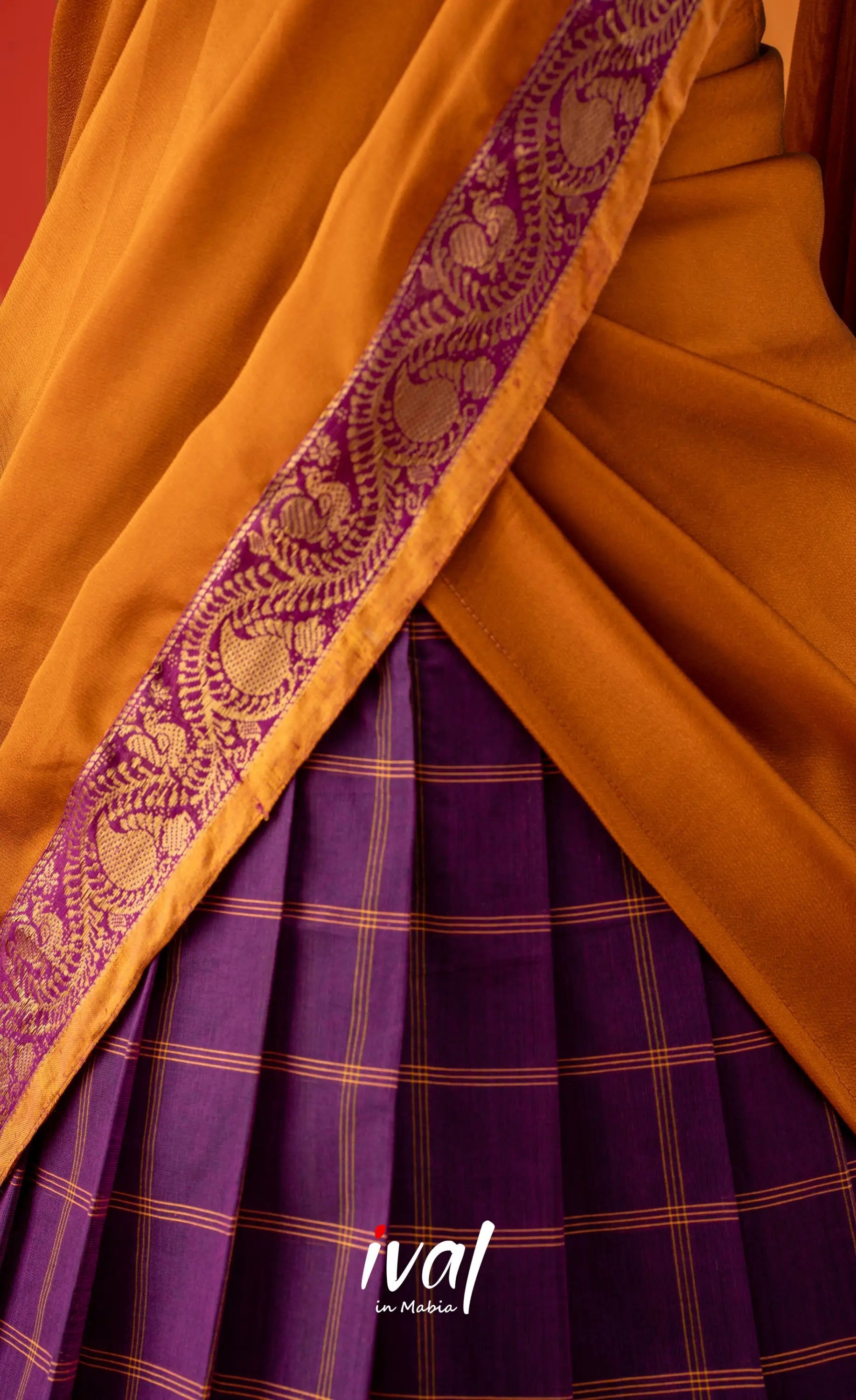 Purple with Mustard Yellow Semi-Stitched Cotton Halfsaree Half Sarees