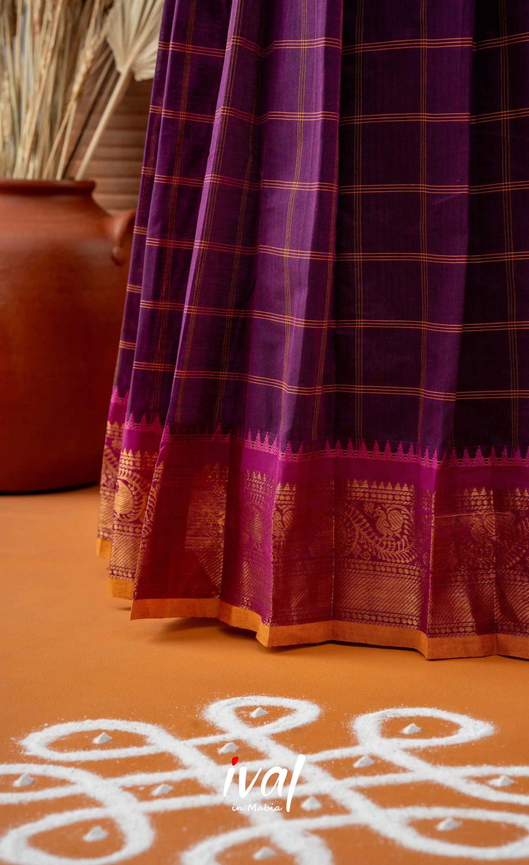 Purple with Mustard Yellow Semi-Stitched Cotton Halfsaree Half Sarees