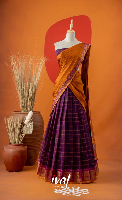 Purple with Mustard Yellow Semi-Stitched Cotton Halfsaree Half Sarees
