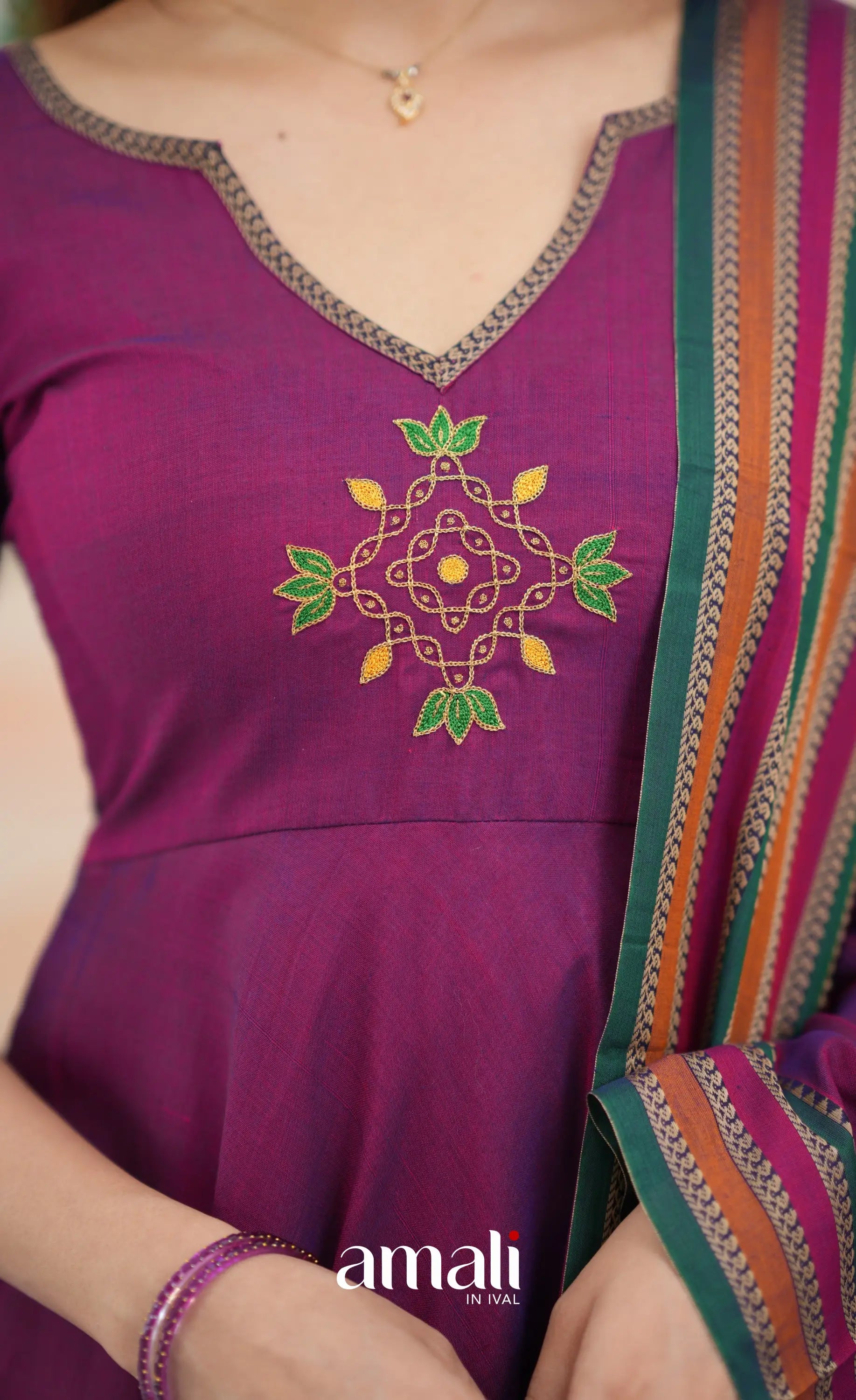 Purplish magenta and Multicolours Narayanpet Cotton Anarkali - Anarkalis