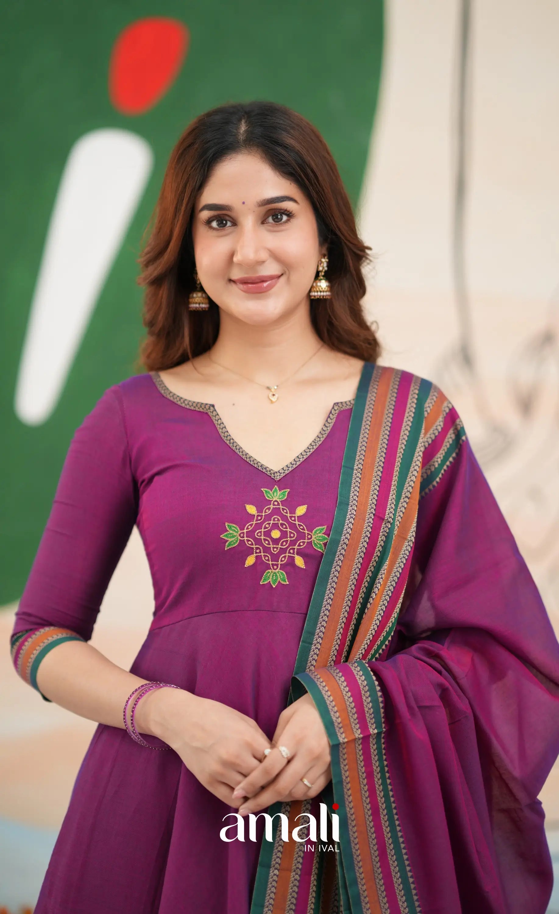 Purplish magenta and Multicolours Narayanpet Cotton Anarkali - Anarkalis