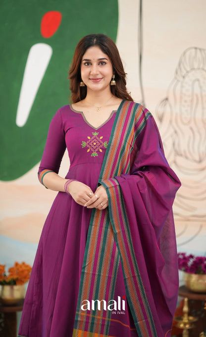 Purplish magenta and Multicolours Narayanpet Cotton Anarkali - Anarkalis