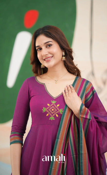 Purplish magenta and Multicolours Narayanpet Cotton Anarkali - Anarkalis