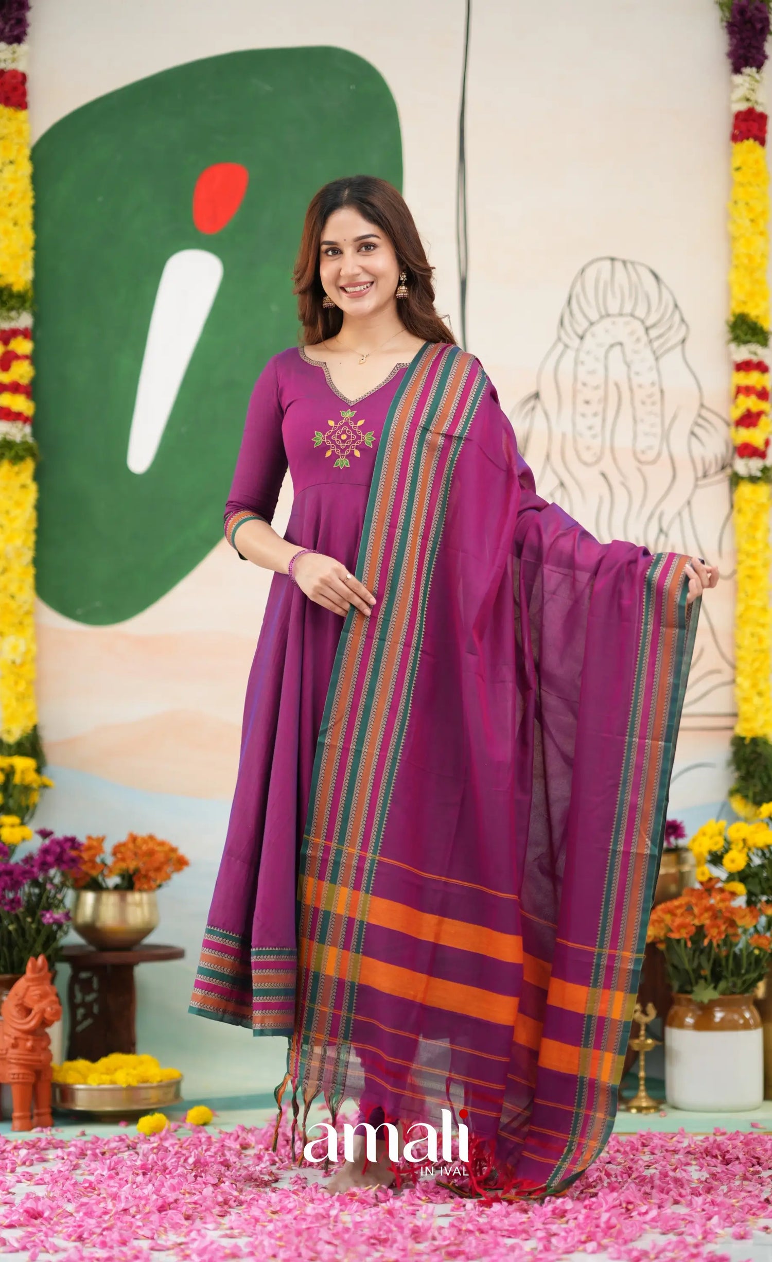 Purplish magenta and Multicolours Narayanpet Cotton Anarkali - Anarkalis