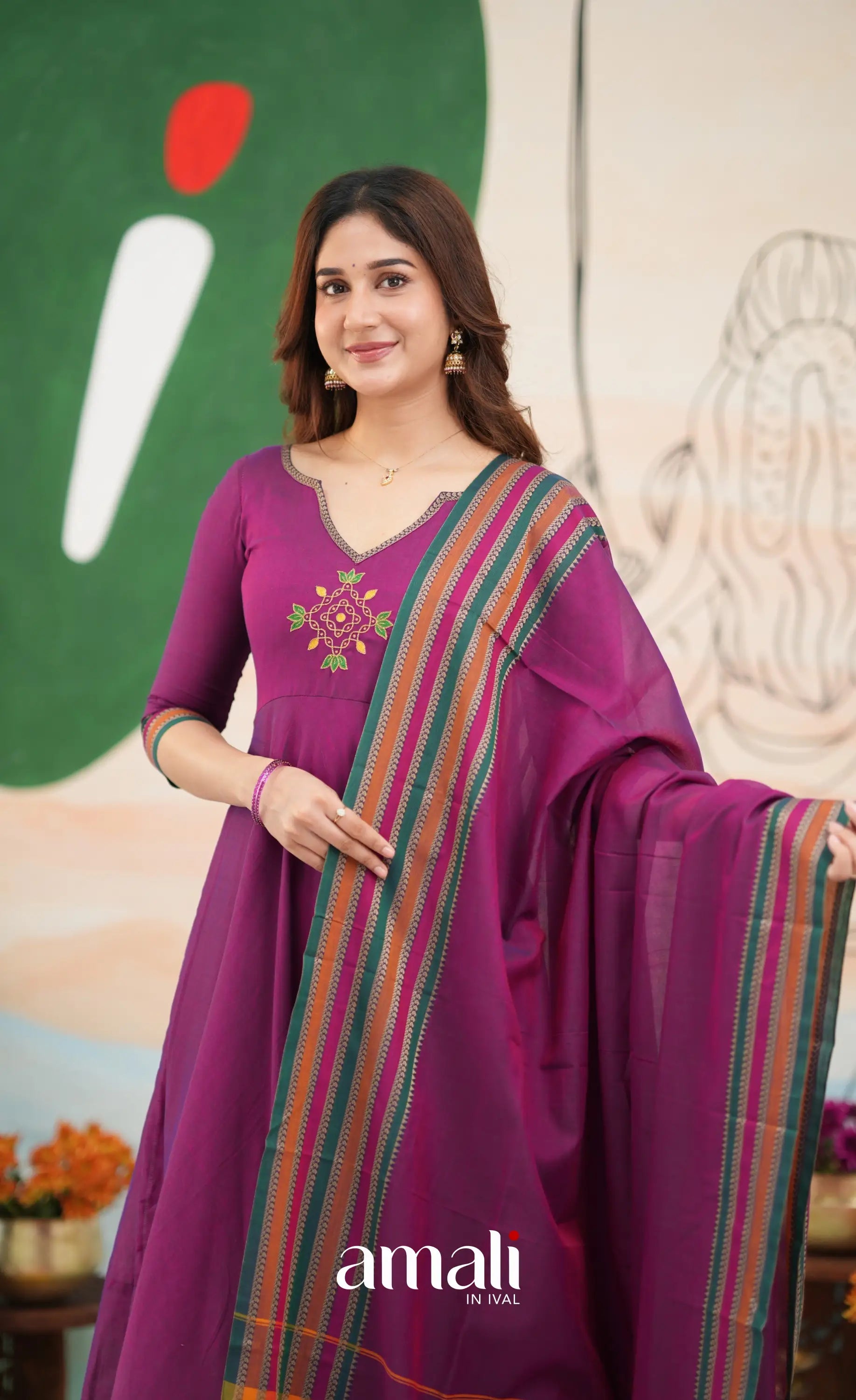 Purplish magenta and Multicolours Narayanpet Cotton Anarkali - Anarkalis