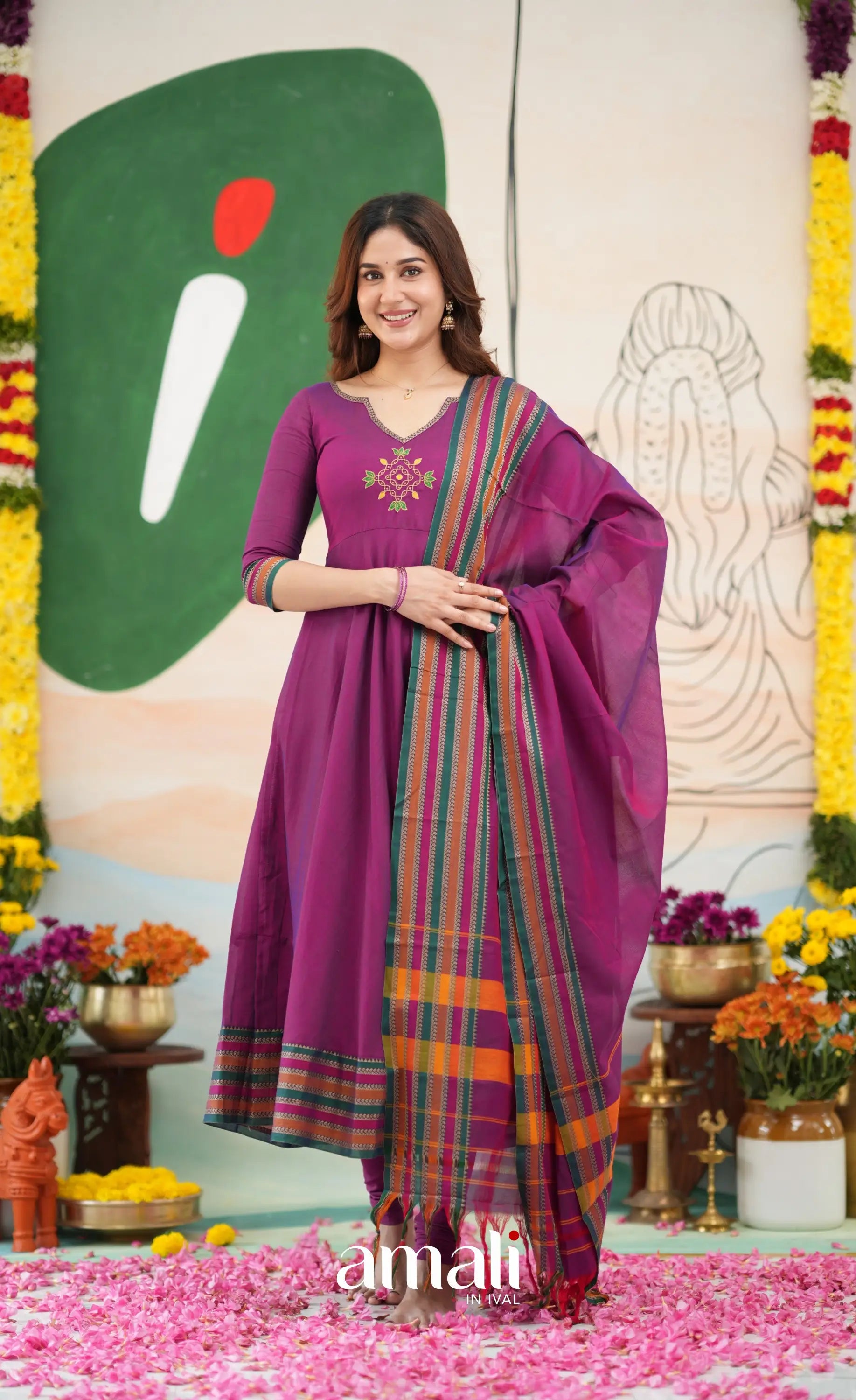 Purplish magenta and Multicolours Narayanpet Cotton Anarkali - Anarkalis