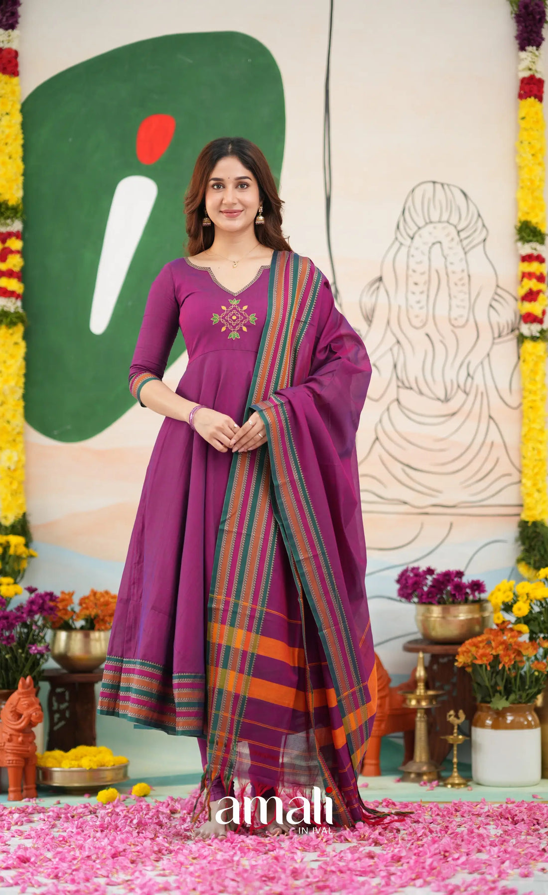 Purplish magenta and Multicolours Narayanpet Cotton Anarkali - Anarkalis