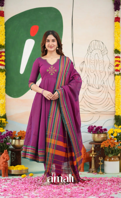 Purplish magenta and Multicolours Narayanpet Cotton Anarkali - Anarkalis