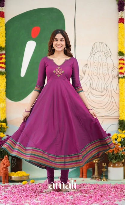 Purplish magenta and Multicolours Narayanpet Cotton Anarkali - Anarkalis