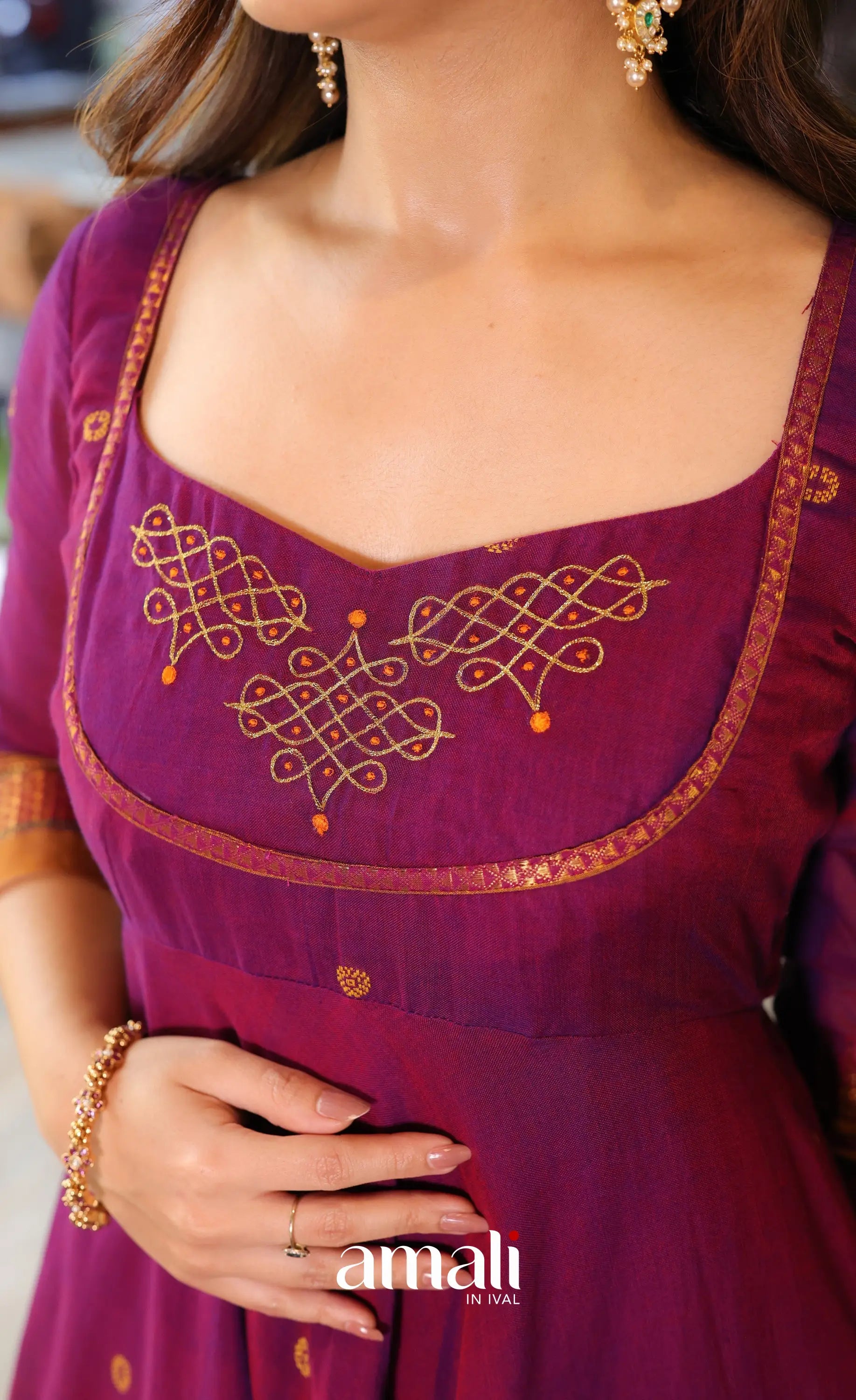 Purplish wine and Mustard Narayanpet Cotton Anarkali - Anarkalis