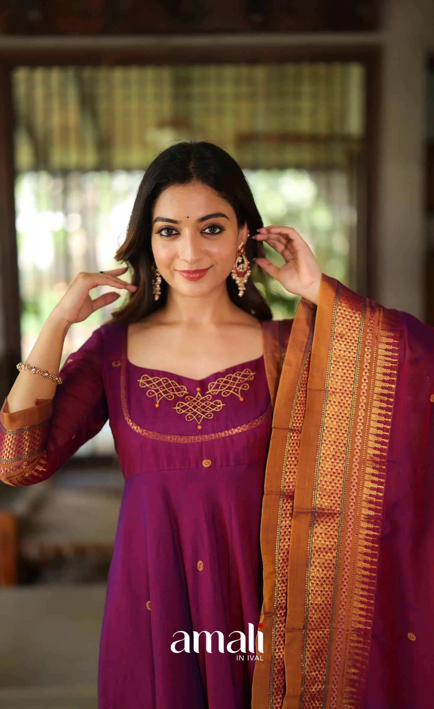 Purplish wine and Mustard Narayanpet Cotton Anarkali - Anarkalis