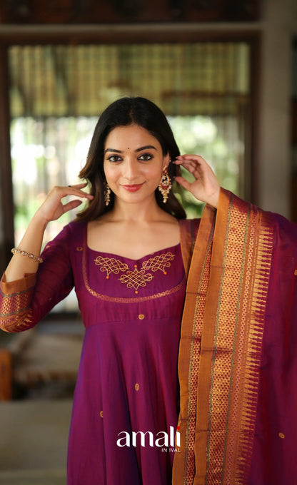 Purplish wine and Mustard Narayanpet Cotton Anarkali - Anarkalis