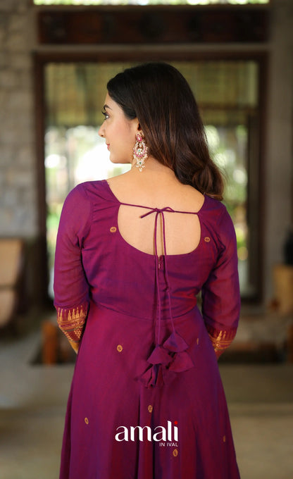 Purplish wine and Mustard Narayanpet Cotton Anarkali - Anarkalis