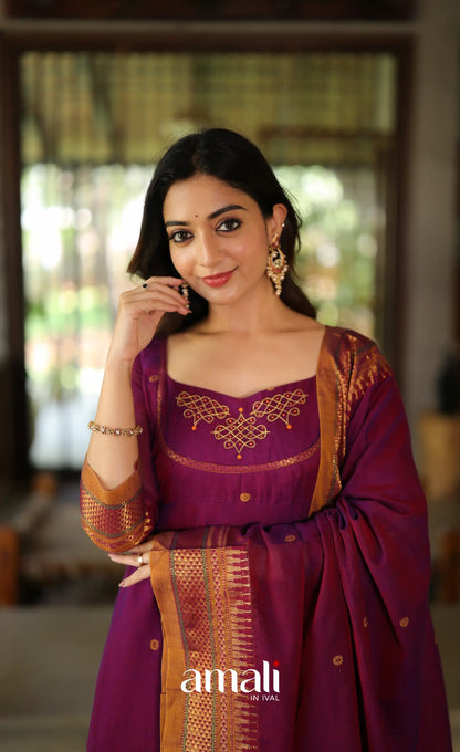 Purplish wine and Mustard Narayanpet Cotton Anarkali - Anarkalis