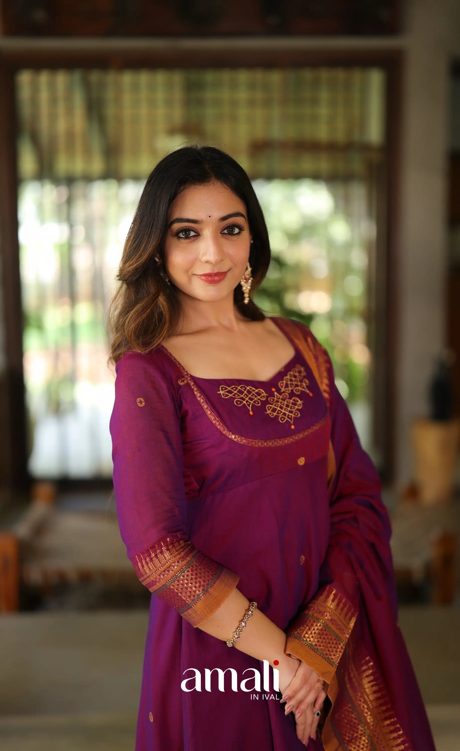 Purplish wine and Mustard Narayanpet Cotton Anarkali - Anarkalis